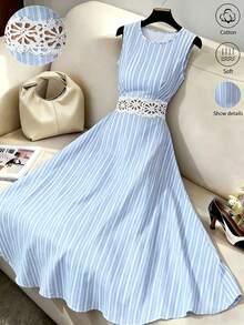 Elenzga Đầm nữ mùa hè mới, kiểu dáng thanh lịch, chất liệu cotton, phối ren tương phản, họa tiết sọc xanh dương, không tay, eo thon. - Màu xanh lam - Xem 1