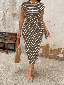 EMERY ROSE Plus Size Striped Color Block Vacation Casual Dress With Cinched Waist Belt Maxi Women Outfit - Multicolor - View 1