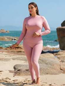 SHEIN Swim Bộ đồ bơi 3 món cỡ lớn dành cho nữ, màu trơn, họa tiết hoa 3D kiểu Trung Đông, kín đáo, che phủ toàn thân, thích hợp cho bãi biển và lướt sóng. - Bụi hồng - Xem 6
