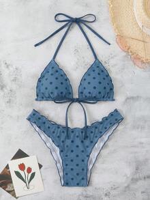 Swim Mod 女款夏季波點印花性感熱帶風細肩帶綁帶比基尼兩件式泳衣 海灘派對度假度假套裝 海軍藍波點 - 霧霾藍 - 查看 8