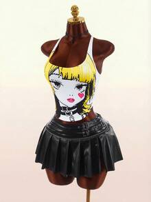 Amplova Áo tank top nữ cổ tròn, khoét sâu, không tay, lưng chéo, họa tiết graffiti phong cách Y2K, gợi cảm, thường ngày, phong cách đường phố. - màu đen - Xem 6