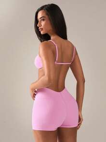 SHEIN BAE Damen Einfarbiges minimalistisches Basic Tank Top und enge Shorts Sport Set - Pink - Übersicht 2