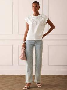 Lilora Áo thun nữ cổ tròn bằng cotton đính đá lấp lánh thanh lịch, kiểu dáng cao cấp, đa năng, trang nhã, phù hợp cho đi làm, đi chơi, tụ họp, hẹn hò, dự tiệc, thư giãn, dã ngoại, kỳ nghỉ, mùa hè. - trắng - Xem 6