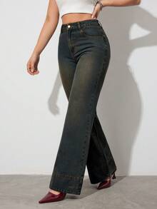 SHEIN Tall Quần jeans nữ cạp cao ống rộng kiểu vintage, phong cách thường ngày thanh lịch, phù hợp cho mùa hè, trang phục retro và sinh hoạt hàng ngày. Quần jeans nữ cạp cao ống rộng có túi, dáng rộng thoải mái, đa năng, thích hợp cho mùa hè và mùa xuân, ngày lễ tình nhân, đám cưới, phong cách thanh lịch. - Màu xanh lam - Xem 5