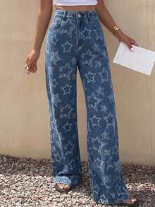 Livesso Jeans rectos y holgados de mujer con estampado floral y de estrellas, adecuados para verano, otoño, primavera, uso casual y de oficina - Azul lavado oscuro - Ver 4