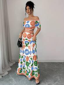 Elenzga Women's Floral Print Off-Shoulder Waist Hollow Out Twist Long Dress, Suitable For Beach, Vacation - Limelight Green - View 7