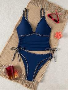 Swim Vcay Bonvoyette-D 2件組黑色布料深V領雙肩帶抓皺休閒沙灘比基尼套裝 女款兩件式泳衣 - 藏蓝色 - 查看 4