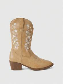 ROMWE Fairycore Botas Ocidentais Marrons, Botas Altas Bordadas de Slip-On, Botas de Motociclista de Couro Até o Joelho, Botas Até o Joelho de Salto Grosso para Mulheres - Marrom amarelo + flores - Visão 2