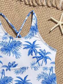 SHEIN Tween Girls Palm Tree Print Tie Side Tankini Swimwear Set, Random Print - Royal Blue - View 4