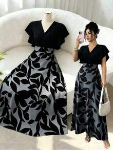 Elenzga Đầm nữ thanh lịch màu đỏ tía họa tiết lá cây, tay ngắn nhún bèo, dáng ôm xòe, thích hợp cho mùa xuân/hè. - Nhiều màu - Xem 1