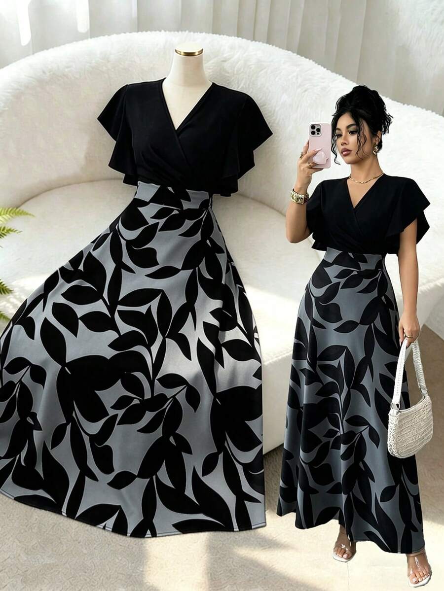 Elenzga Đầm nữ thanh lịch màu đỏ tía họa tiết lá cây, tay ngắn nhún bèo, dáng ôm xòe, thích hợp cho mùa xuân/hè. - Nhiều màu - Xem 1