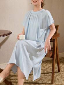 DAZY Women's Solid Color Pleated Casual Everyday Dress Summer Pajamas - Blue - View 4