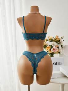 Esselle Women's Solid Color Lace Shell Edge Sexy Lingerie Set, Date Night - Blue - View 2