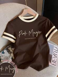Resyla Camiseta de mujer con cuello redondo y estampado de letras en bloques de color - Marrón - Ver 1