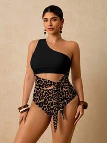Travachic Plus Size Retro Leopard Print Contrast Color One-Piece Swimsuit, Beach Bathing Suits For Women One Piece Swimsuit Women - Multicolor - View 5