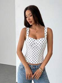 SHEIN PETITE 女款黑白波點夏季性感優雅束腰上衣，適合夜店、生日派對、度假、約會之夜，適合嬌小女性的可愛上衣 - 白色 - 查看 3