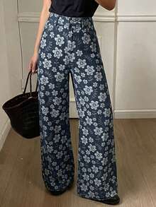 Livesso 女士宽松直筒牛仔裤，通体印花，适合春夏秋三季穿着，休闲商务办公皆宜。 - 深色水洗藍 - 查看 8