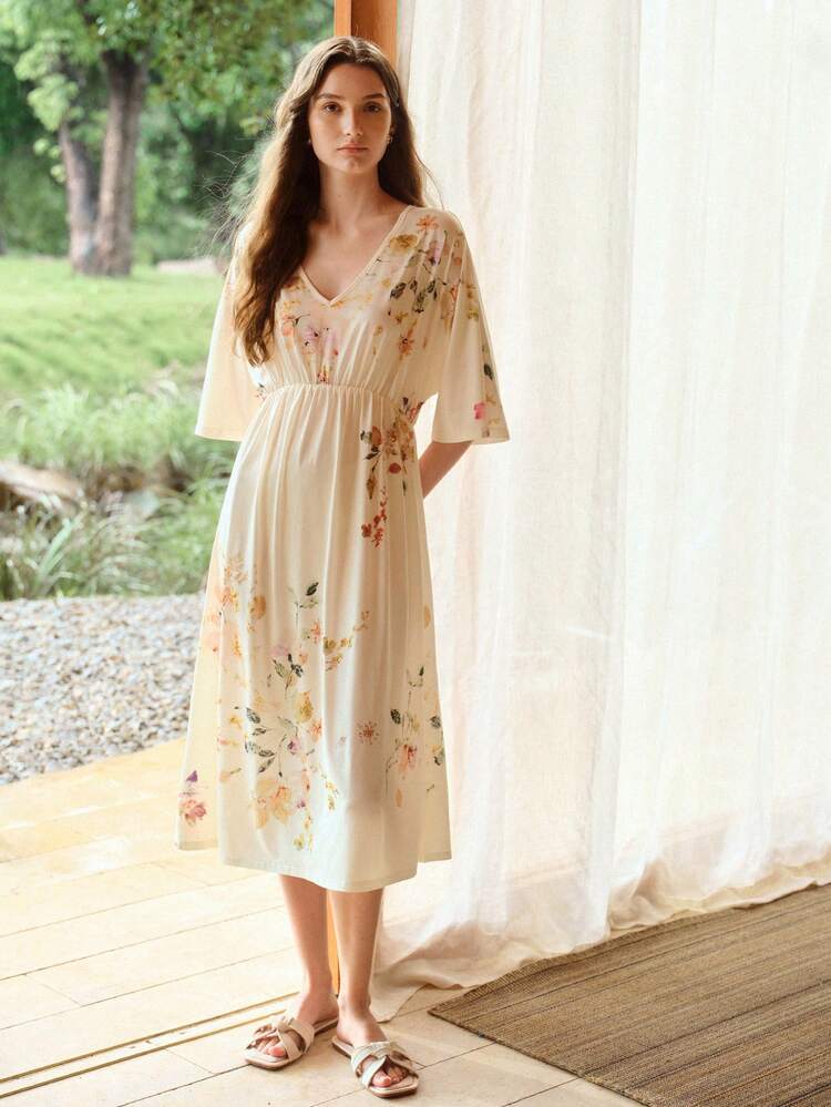 WOMEN'S FLORAL PRINT V-NECK RUCHED WAIST SLEEP DRESS