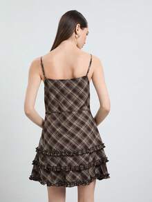 COUREZ Cami Mini Dress With Ruffle Details Y2K Grunge Vintage Retro 70s 2000s Summer Outfits For Women Brown Plaid Checkered Short Fall Rave Night Out Date - Black and White - View 3