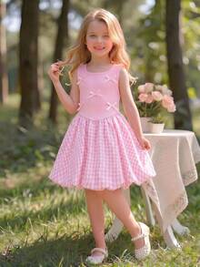 Elladie kids Đầm hồng không tay cho bé gái, phần thân trên dệt kim có điểm nhấn nơ, chân váy phồng kẻ caro, kiểu dáng ngọt ngào, thích hợp cho mùa xuân đến đầu mùa thu. - Hồng - Xem 3