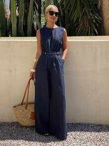 Livesso Pantalones rectos con cinturón decorativo, de estilo vintage lavado azul, para festival de música, vacaciones y uso casual. Monos de calle para mujer, para primavera y verano. - Azul lavado oscuro - Ver 2