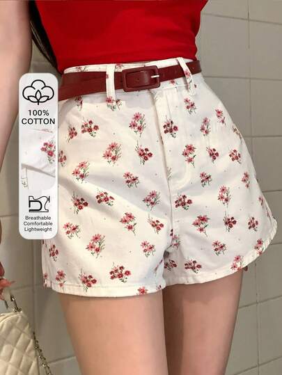 DAZY Shorts vaqueros rectos casuales para mujer, con estampado floral retro, adecuados para primavera, verano, playa y uso diario