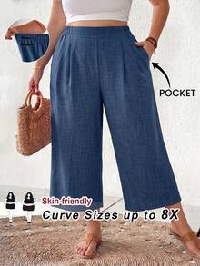SHEIN CURVE+ Quần ống rộng màu hồng dành cho nữ cỡ lớn, thời trang xuân hè, dáng rộng thoải mái, mát mẻ, cơ bản, đa năng, chất liệu vải mềm mại, cạp chun, kiểu dáng đơn giản, thích hợp mặc hàng ngày, kiểu Capri, trang phục đi nghỉ mát cho nữ/2026/Năm mới - Màu xanh lam - Xem 5