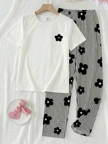 2pcs/Set Teen Girls' White Summer Casual Family Matching Floral Print Short Sleeve Top And Vertical Striped Pants Set, Comfortable Outdoor Wear - White - View 6