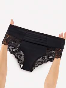 Bralution Solid Color Contrast Lace Plus Size Panty Sexy Lingerie, One Piece - Black - View 8