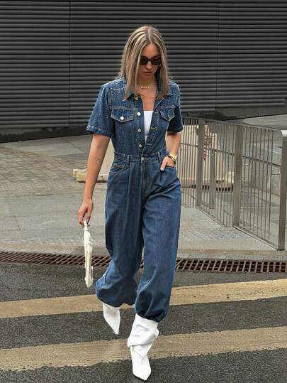 Livesso Bộ áo liền quần denim tay ngắn có túi, cài nút, đa năng, thời trang dành cho nữ.