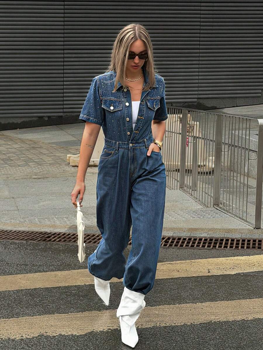 Livesso Bộ áo liền quần denim tay ngắn có túi, cài nút, đa năng, thời trang dành cho nữ. - Rửa tối - Xem 1