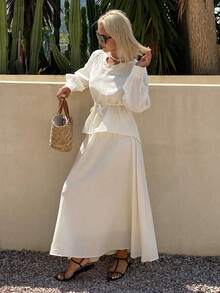 DAZY Casual Beige Long Shirt And Long Skirt 2 Pieces Set For Women, Spring/Summer Lounge Sets For Women - Beige - View 1