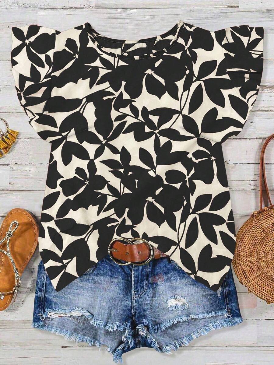 SHEIN Tall Women's Casual Vacation Orange Base Leaf Floral Print Round Neck Cap Sleeve Cap Sleeve Blouse, Spring/Summer - Black - View 1