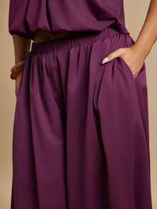 SHEIN BAE Plus Size Casual Elastic Waist Pleated Drape Pants - Purple - View 1