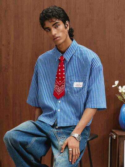  TOKVUE Shirt Comes With Tie! Young Men's Casual Boxy Fit Printed Short Sleeve Shirt, Suitable For University Campus, Street, Outings, Parties, World Cup And Other Occasions