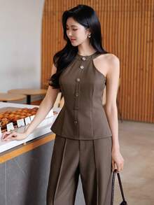 DAZY Bộ 2 món gồm áo hai dây và quần ống đứng kiểu dáng thành thị dành cho nữ, thích hợp mặc đi làm vào mùa xuân và mùa hè. - màu nâu - Xem 6