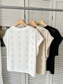 SHEIN LUNE 3件装女士纹理T恤，黑色、白色、卡其色，夏季百搭 - 彩色 - 查看 2