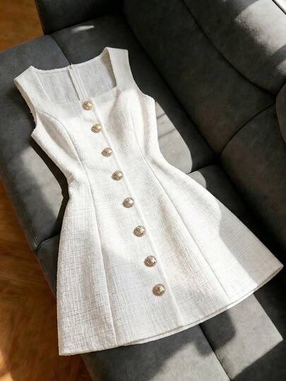 SHEIN Franclia Women's White Solid Color Gold Button Square Collar Sleeveless A-Line Waist Cinched Elegant Slim Versatile Commute Daily Party Birthday Guest Dress, Mid-Length Summer 2026 Dress