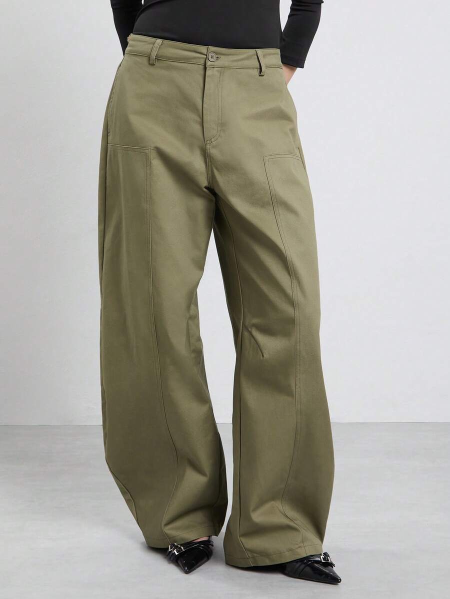 COUREZ Low Rise Medium Balloon Trousers With Seaming Detail / Y2K Casual Baggy Pants For Women Streetwear Autumn Outfits Fall Clothes Comfy 100Cotton Olive - Army Green - View 1