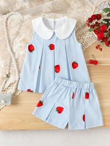 SHEIN Elladie kids Bộ 2 món cho bé gái (size nhỏ) gồm áo thun và quần short xếp ly, chất liệu vải dệt kim, họa tiết dâu tây đỏ dễ thương, sọc xanh trắng, không tay. Phù hợp với phong cách Hàn Quốc dễ thương, thoải mái cho mặc hàng ngày, đi học, đi chơi, đi biển, dự tiệc, mùa xuân/hè. - Màu xanh lam - Xem 2