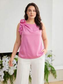 MOTF PREMIUM PLUS SIZE WOMEN BOAT NECK ASYMMETRIC FAUX 3D FLORAL DECOR RUFFLE TRIM SLEEVELESS ELEGANT BLOUSE - Hot Pink - View 8