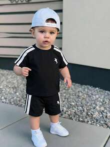 Bubblio 2pcs Baby Toddler Boy Girl Summer Outfit Set,Short Sleeve T-Shirt And Shorts,Black And White Checkered,Casual Beach Sports Style Tracksuit Streetwear - Black - View 1