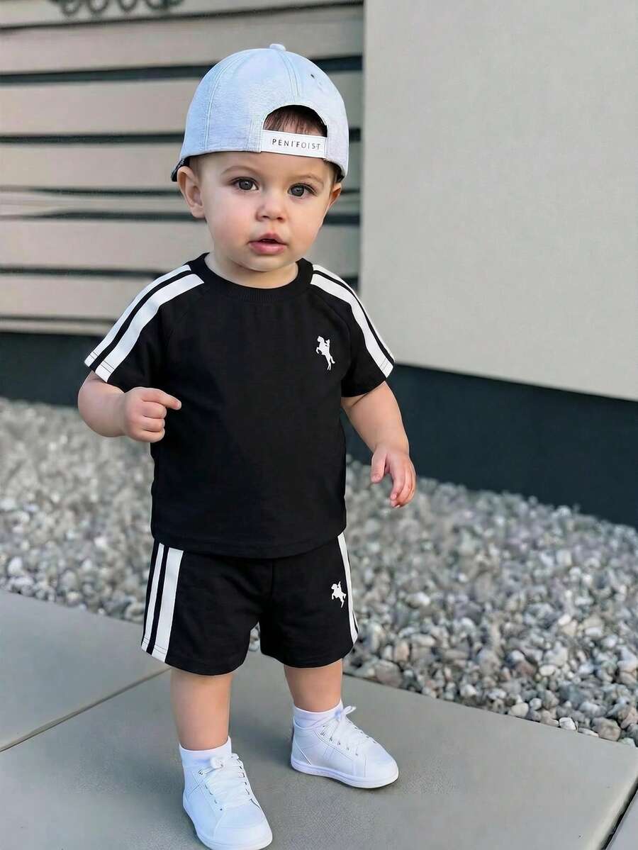 Bubblio 2pcs Baby Toddler Boy Girl Summer Outfit Set,Short Sleeve T-Shirt And Shorts,Black And White Checkered,Casual Beach Sports Style Tracksuit Streetwear - Black - View 1