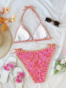 SHEIN Bộ bikini họa tiết hoa nhí nhiều màu sắc dành cho thiếu nữ, đồ bơi mùa hè ngọt ngào cho kỳ nghỉ biển. - Hồng - Xem 2