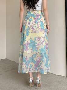 DAZY Women's Elegant Chiffon Printed Ruffle Hem Skirt Summer - Blue - View 2