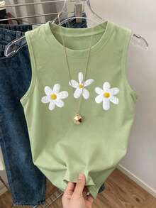 EMERY ROSE Áo thun nữ cổ tròn họa tiết hoa cúc, áo tank top cổ tròn thoải mái, phù hợp mặc hàng ngày. - xanh quân đội - Xem 3