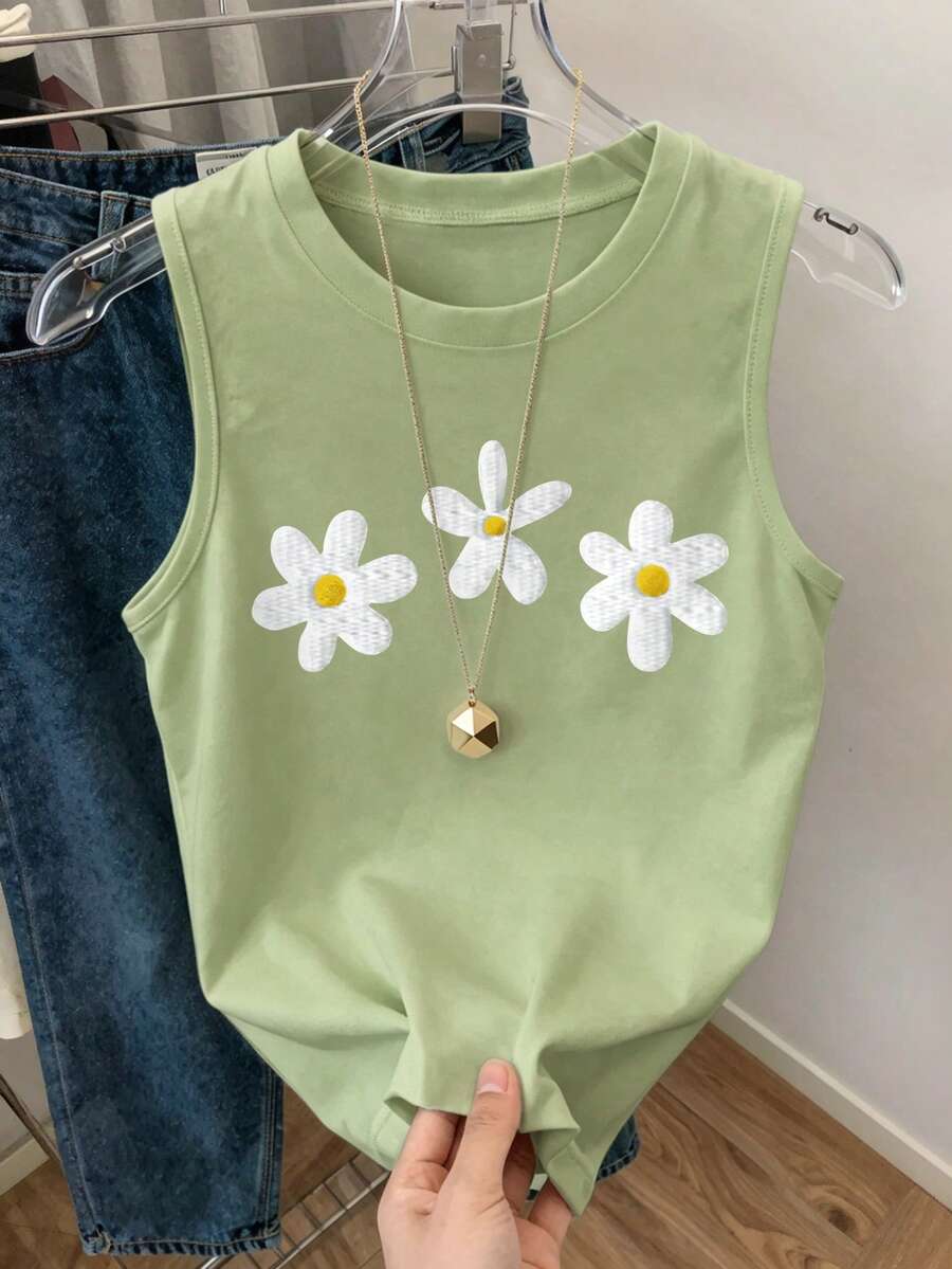 EMERY ROSE 女士圆领雏菊印花上衣，舒适圆领背心，适合日常穿着 - 軍綠色 - 查看 1