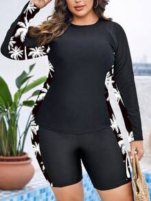 Swim SPRTY Bộ áo chống nắng tay raglan in hình cây cọ nhiệt đới dành cho nữ cỡ lớn, thích hợp cho bãi biển và kỳ nghỉ. - Đen và trắng - Xem 6