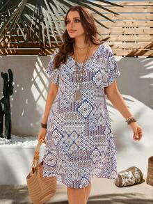 EMERY ROSE Plus Size Women's Summer Beige Boho Vacation Holiday Dress,Geometric Ditsy Floral Print Country Concert Outfit,Western Style Flowy Beach Outfits - Multicolor - View 6