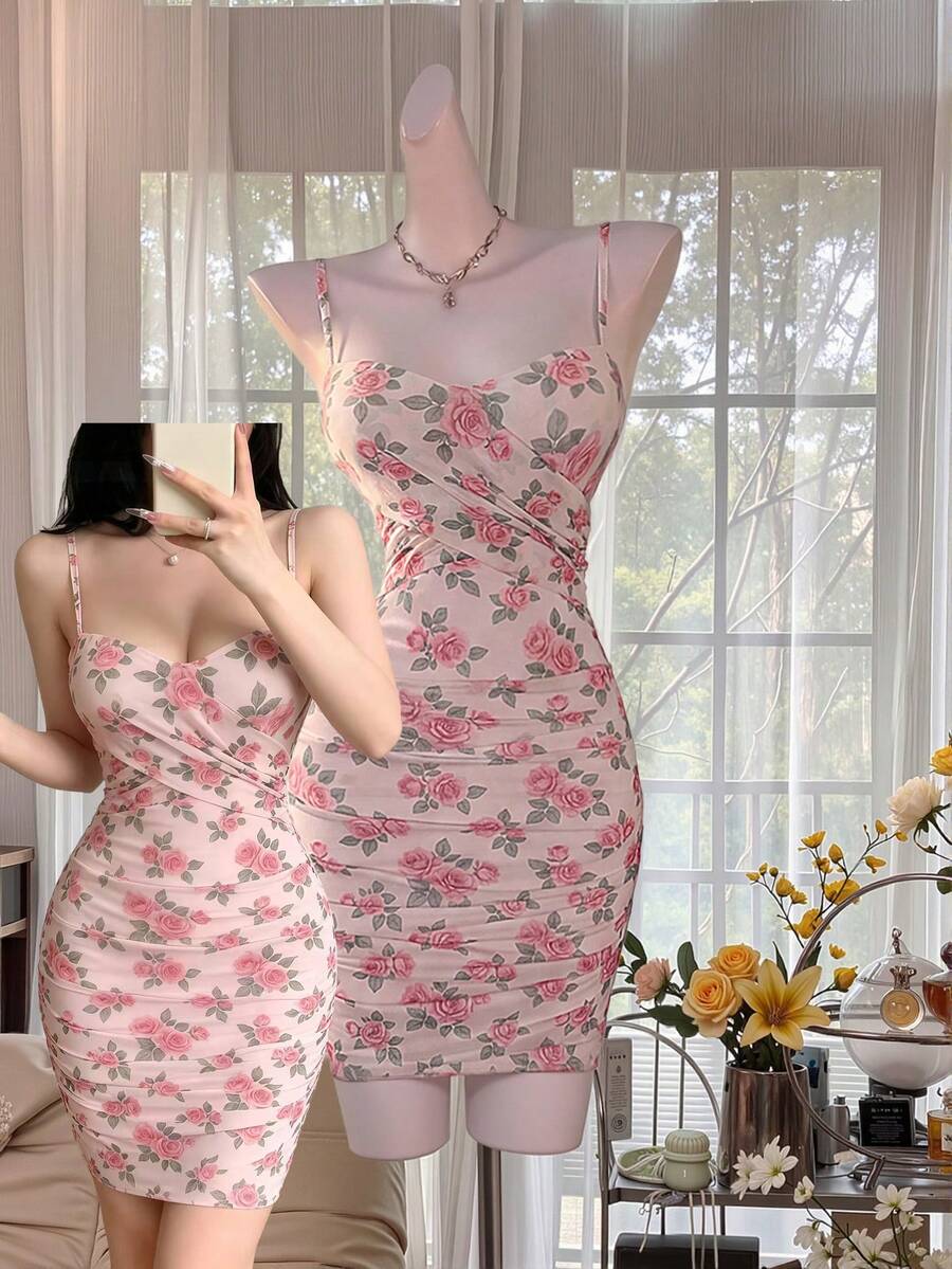 Celisse Vestido mini con estampado floral y tirantes cruzados, tela de malla - Rosa Pálido - Ver 1